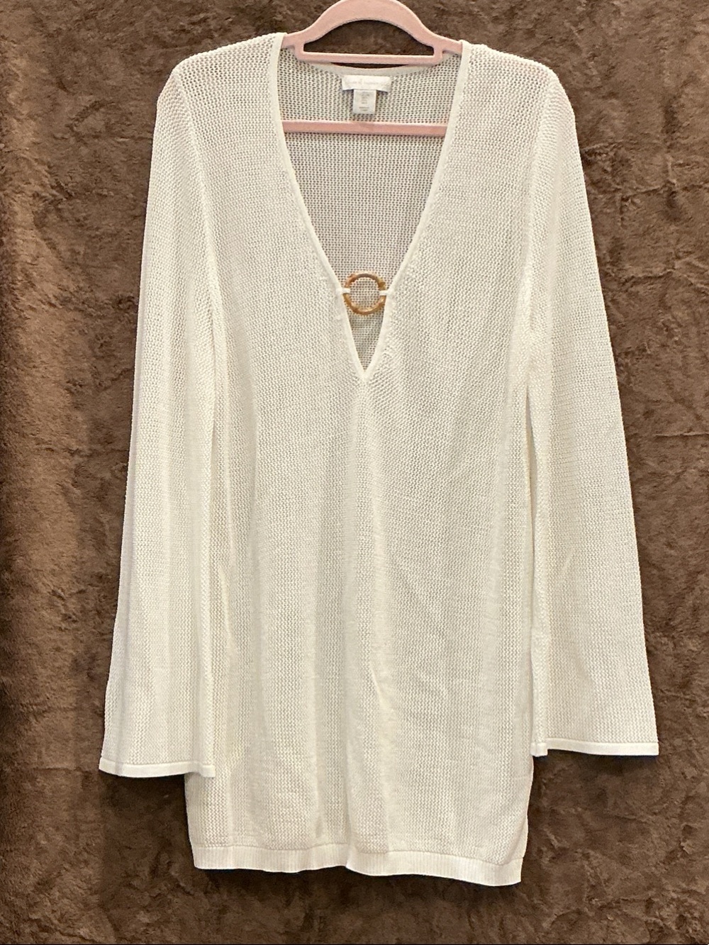 House of Harlow 1960 White Crochet Knit Bamboo O-Ring Cover Up Tunic Size L